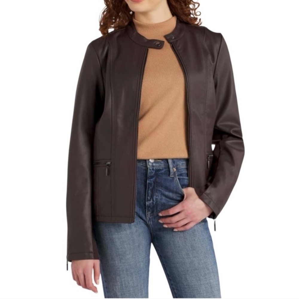 NEW Mo-Ka Faux Leather Jacket Lined Zip Pockets Chocolate Burgundy Plum Small - Picture 5 of 16